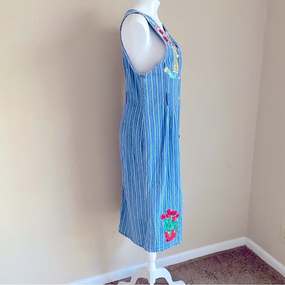 Vintage Denim Sleeveless Dress Midi Front Button Denim Flower Garden M - Picture 9 of 16